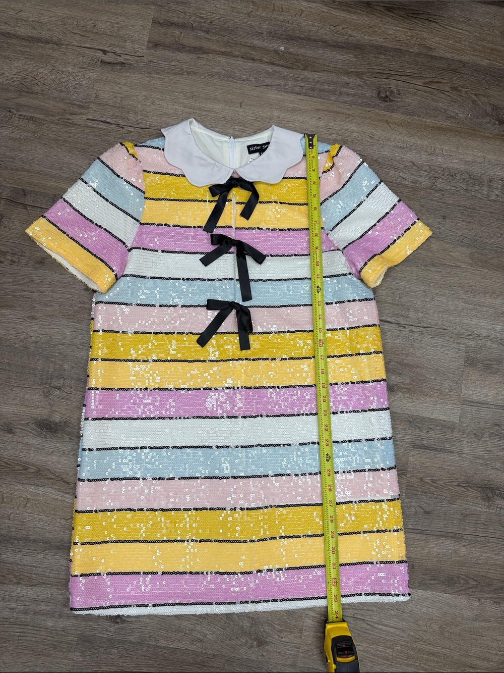 Sister Jane Pastel Sequin Striped Dress with Black Bow Details Size Medium